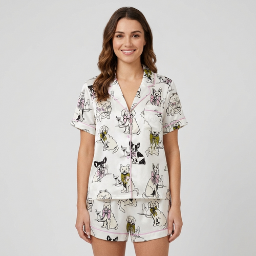 Women's satin pajama set with sketchy dogs in giant ribbon bows holding wine glasses on white - short sleeve and shorts
