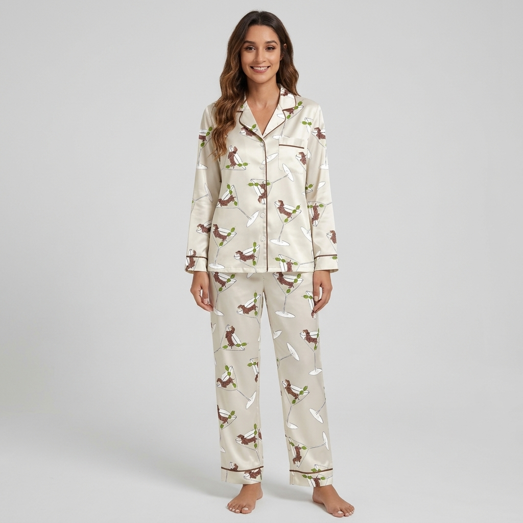 Women's satin pajama set with dachshunds stretched across martini glasses and olive picks on white with brown piping - long sleeve and pants