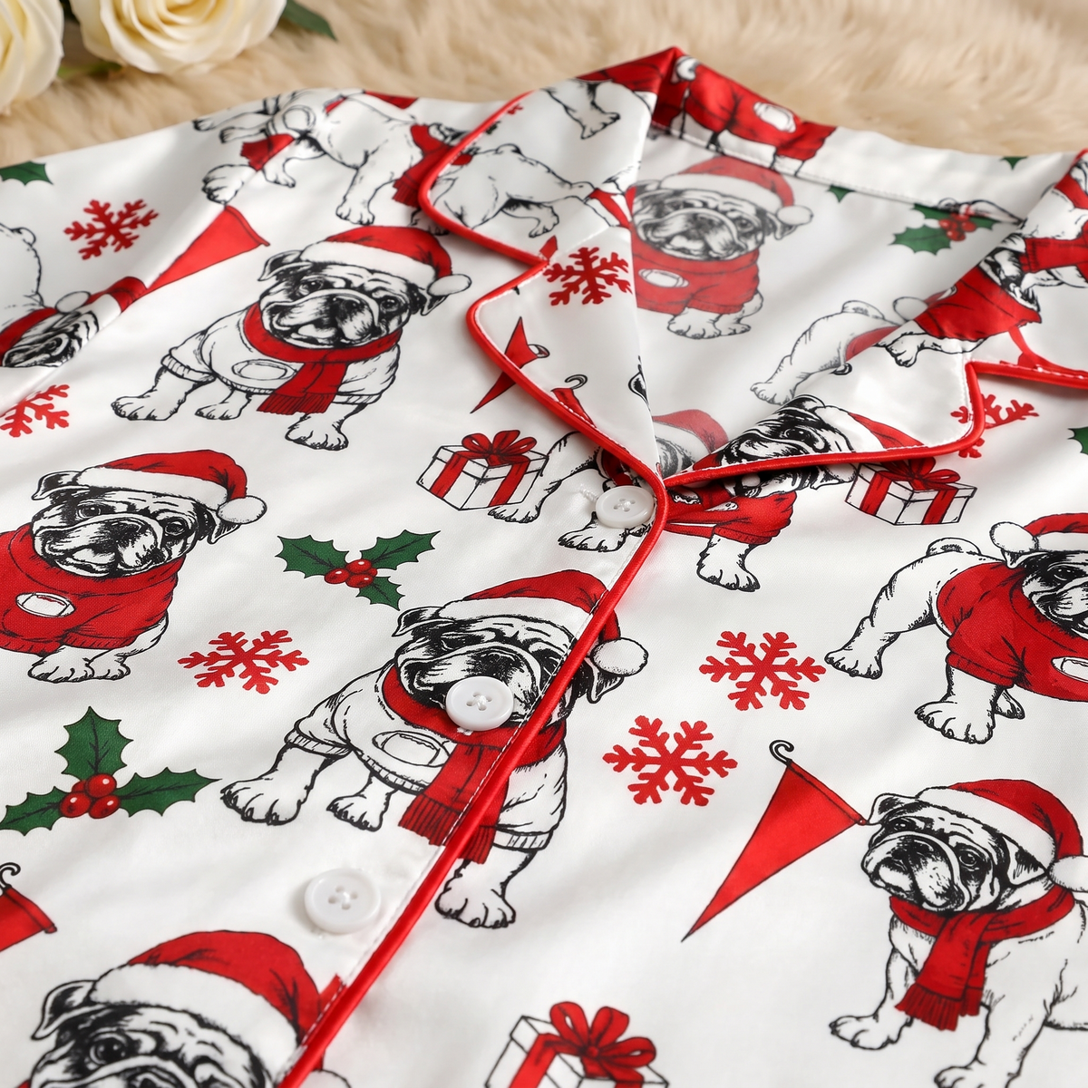 Santa Bulldog Women's Pajama Set - print close-up