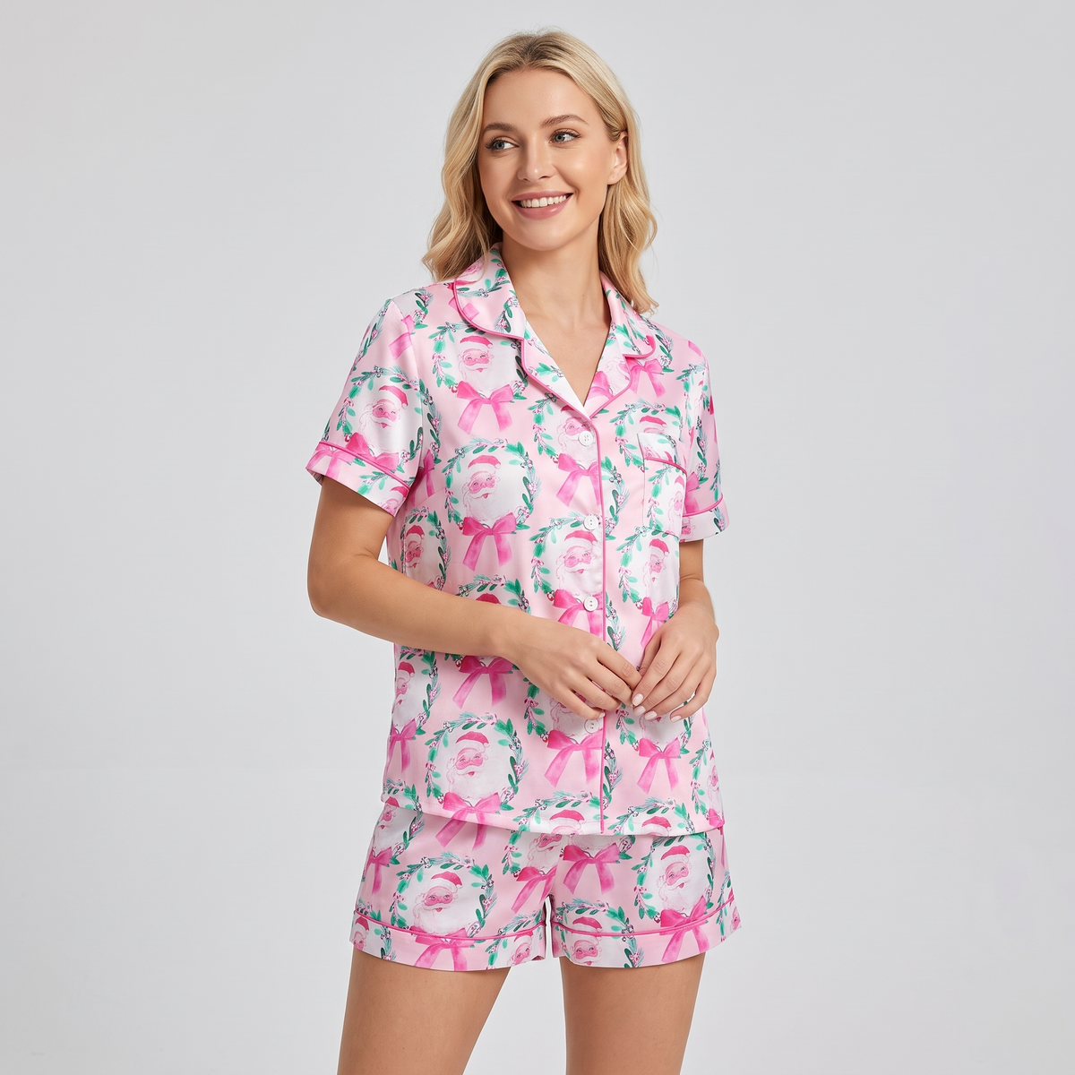 Pink Bow Santa Wreaths Women's Pajama Set - short sleeve and shorts