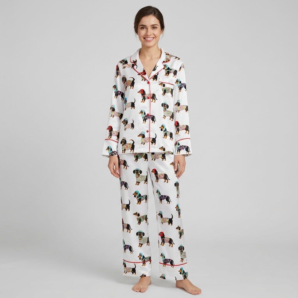 Women's satin pajama set with black-and-tan dachshunds in patterned sweaters and knit hats on white with red piping - long sleeve and pants