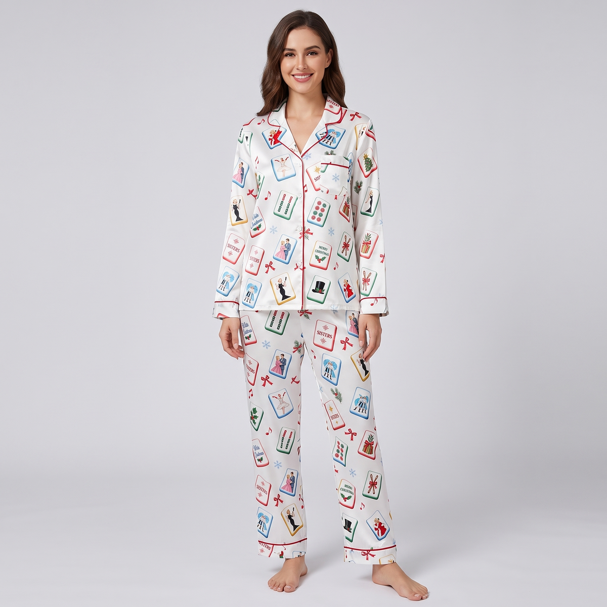 White Christmas Mahjong Inspired Women's Pajama Set - long sleeve and pants