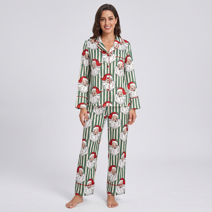 Green Stripe Santa Women's Pajama Set - long sleeve and pants