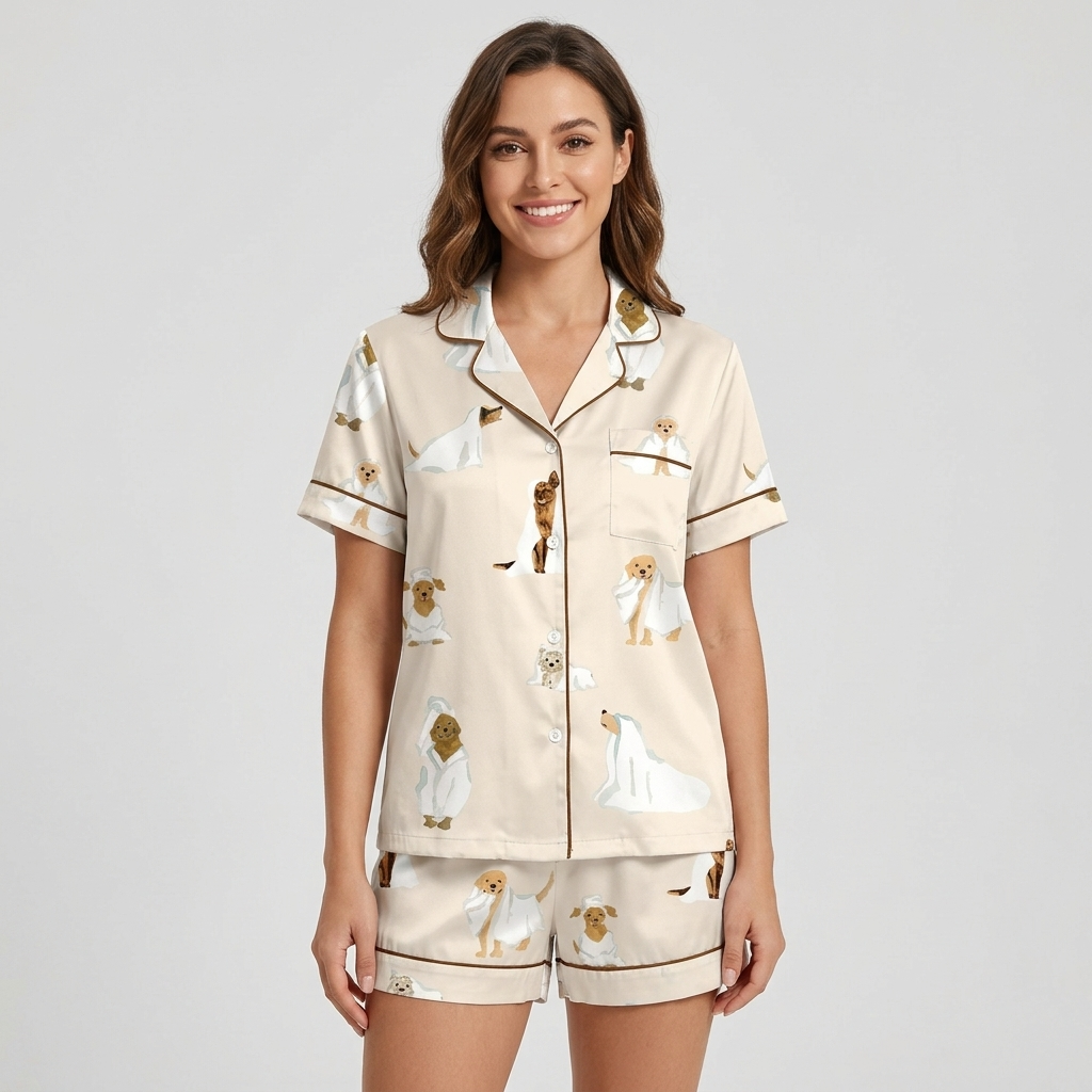 Women's satin pajama set with golden pups, a poodle and white dogs in bath towels on cream with brown piping - short sleeve and shorts