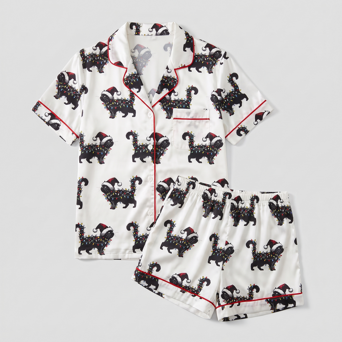 Black Cat Christmas Lights Women's Pajama Set - flat lay