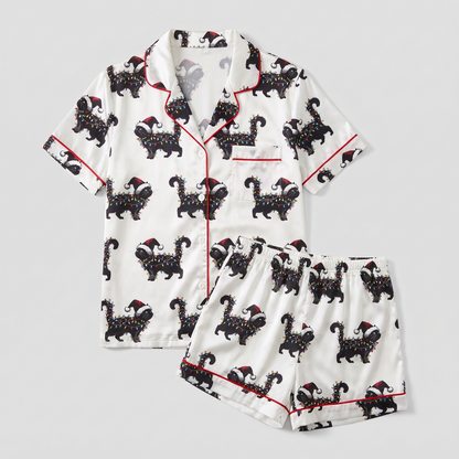 Black Cat Christmas Lights Women's Pajama Set - flat lay