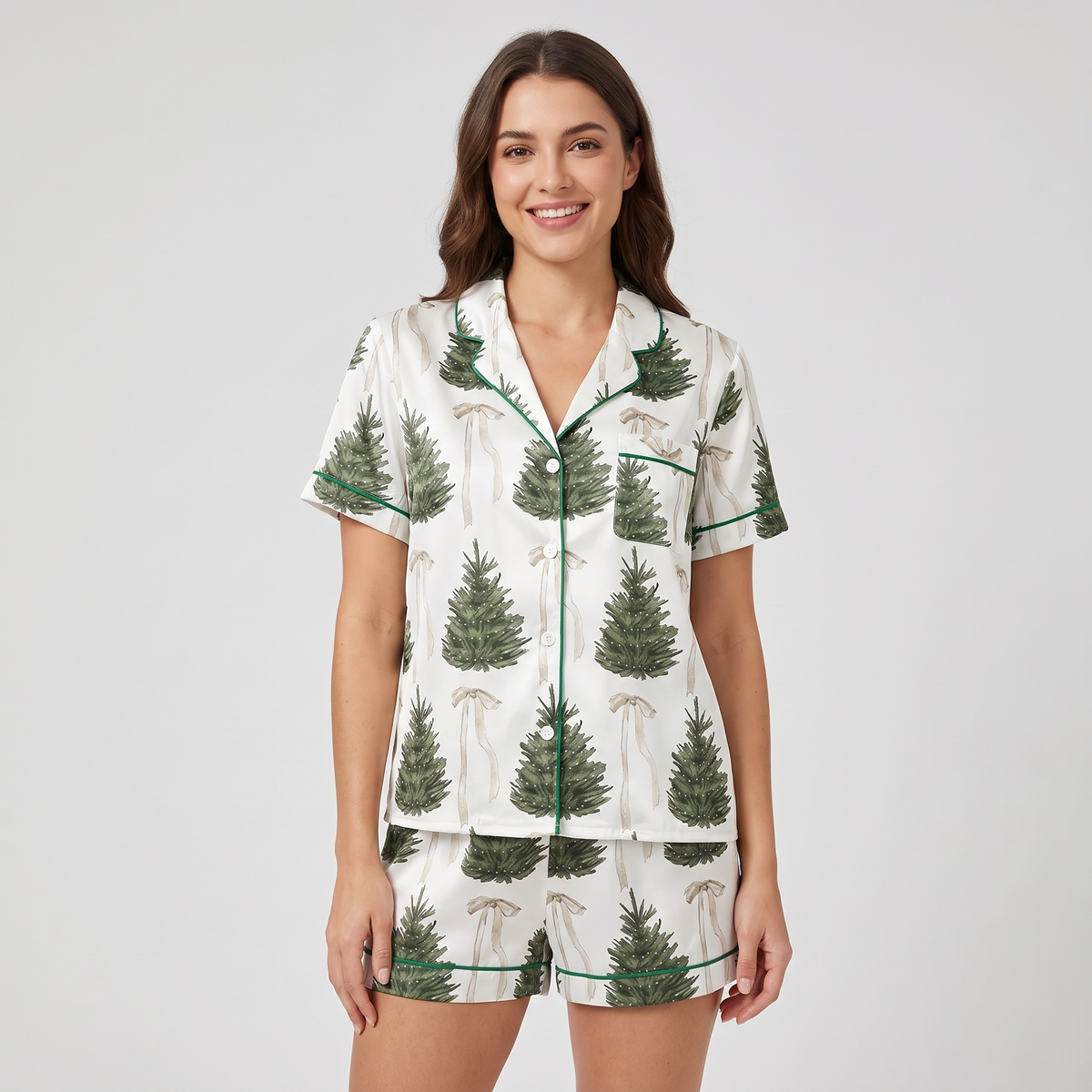 White Bow Evergreens Women's Pajama Set - short sleeve and shorts