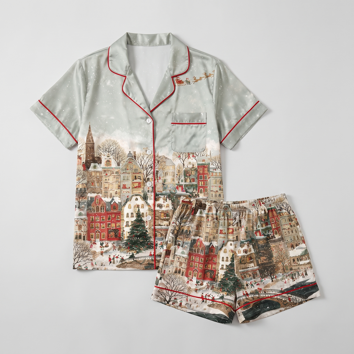 Whimsical Winter Village Women's Pajama Set - flat lay
