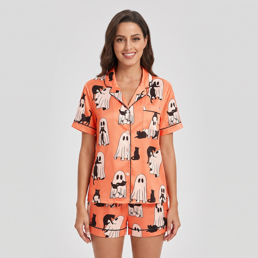 Ghosts And Black Cats Women's Pajama Set - short sleeve and shorts