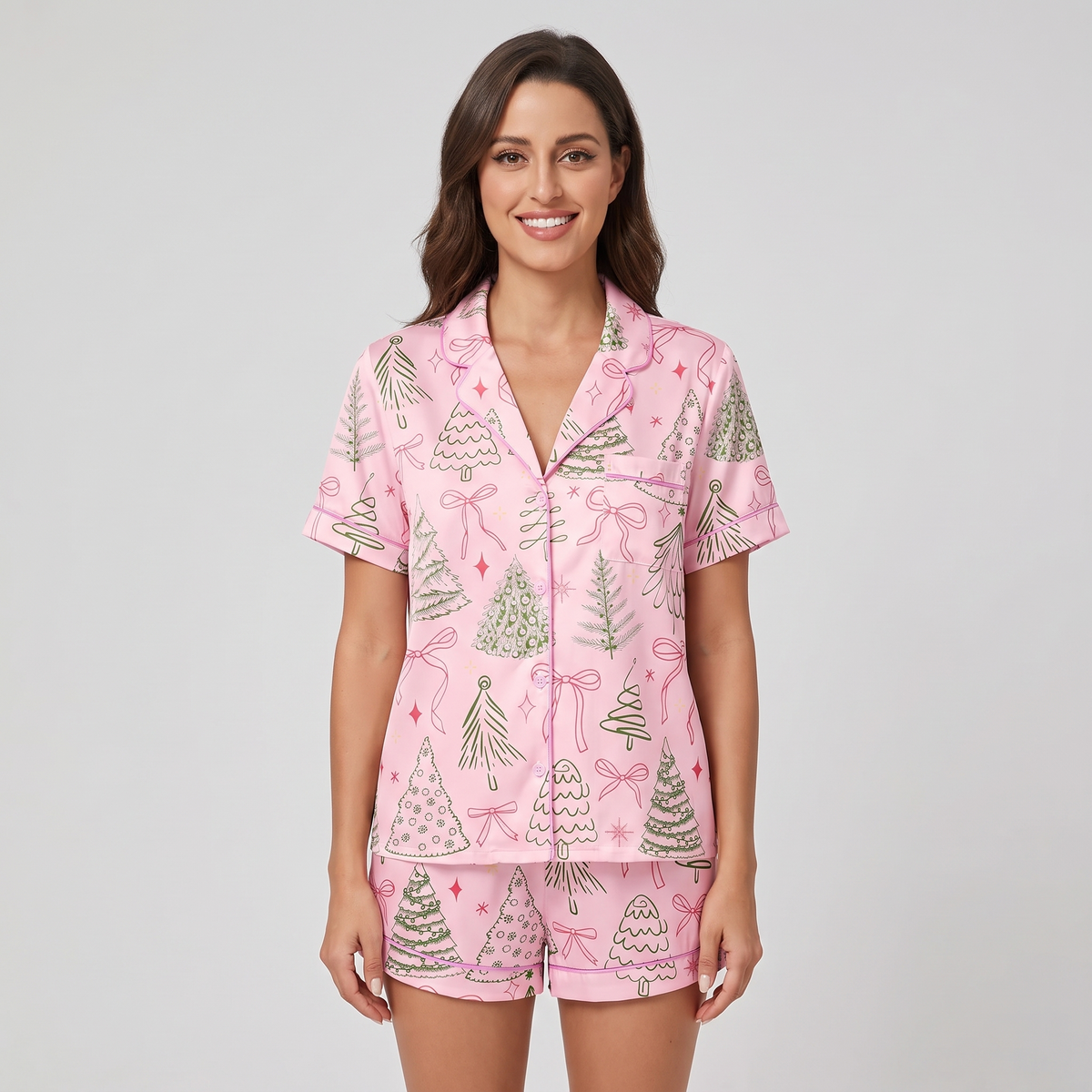 Preppy Bow Trees Women's Pajama Set - Pink