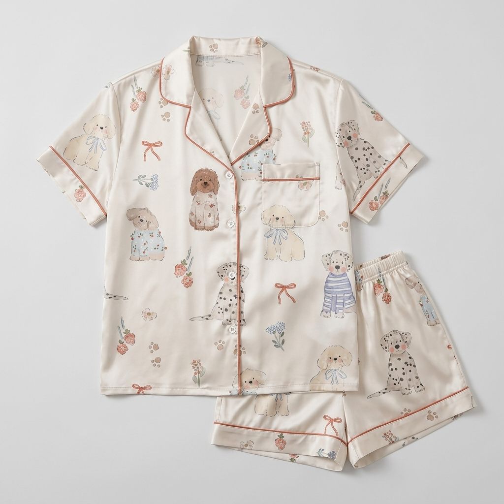 Women's satin pajama set with puppies in striped sweaters with red bows, blossoms and strawberries on champagne ivory - flat lay