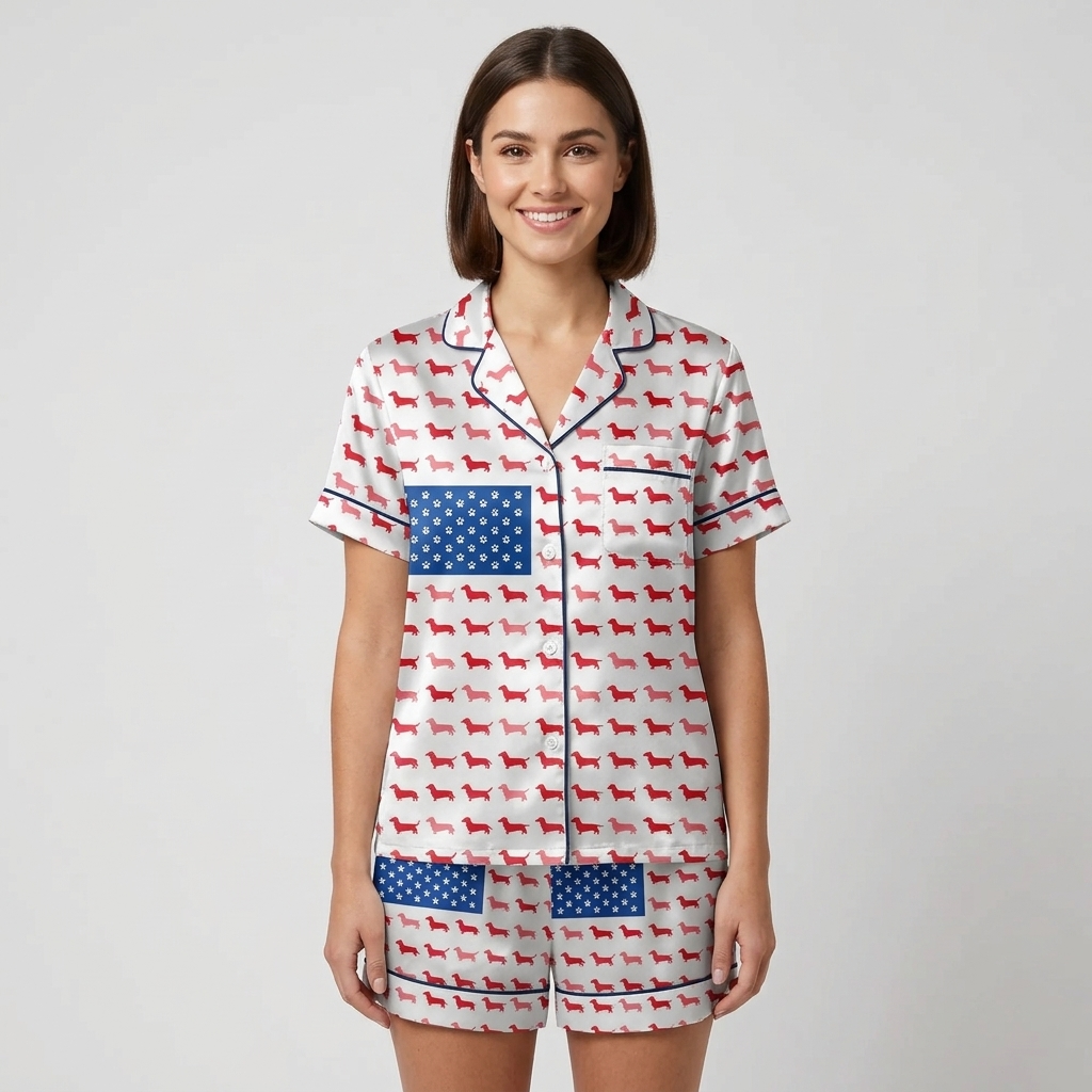 Women's satin pajama set with an American flag built from red dachshunds and a navy star field on white - short sleeve and shorts