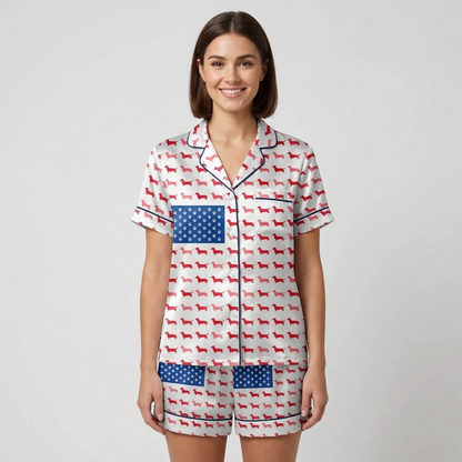 Women's satin pajama set with an American flag built from red dachshunds and a navy star field on white - short sleeve and shorts