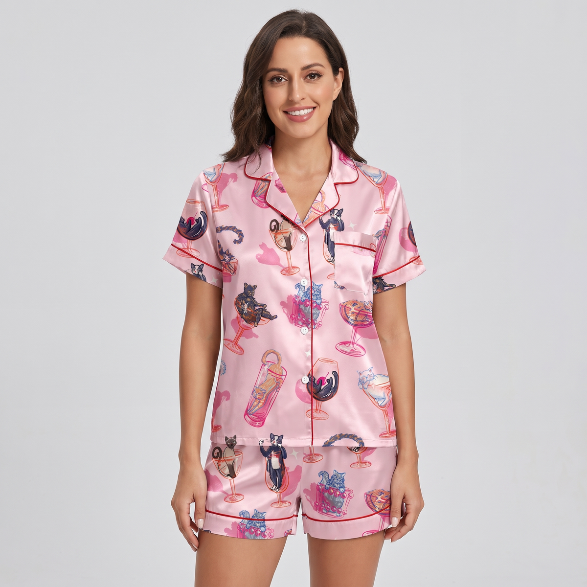 Pink Cocktail Cats Women's Pajama Set - short sleeve and shorts