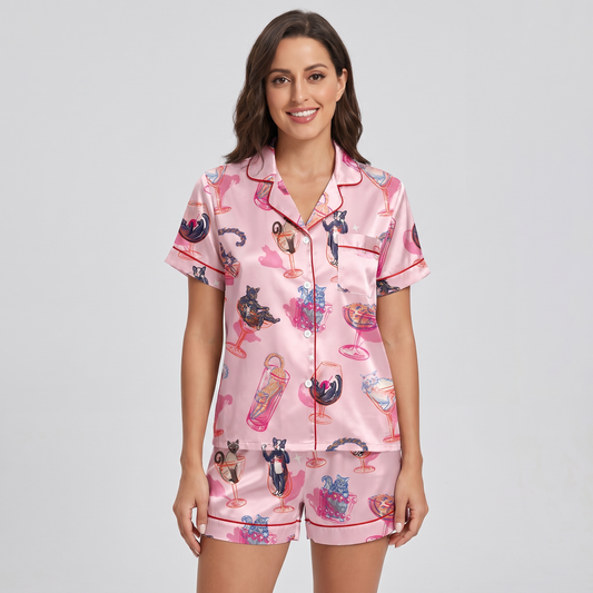 Pink Cocktail Cats Women's Pajama Set - short sleeve and shorts