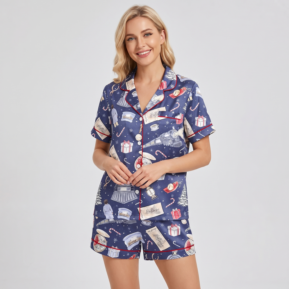 Midnight Express Train Women's Pajama Set - short sleeve and shorts