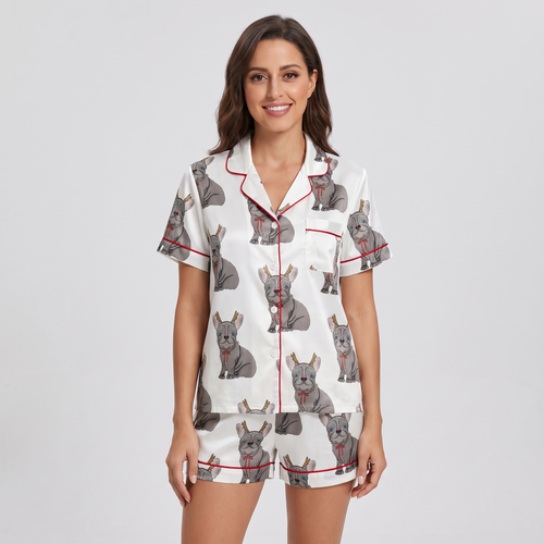 Reindeer Frenchies Women's Pajama Set - short sleeve and shorts