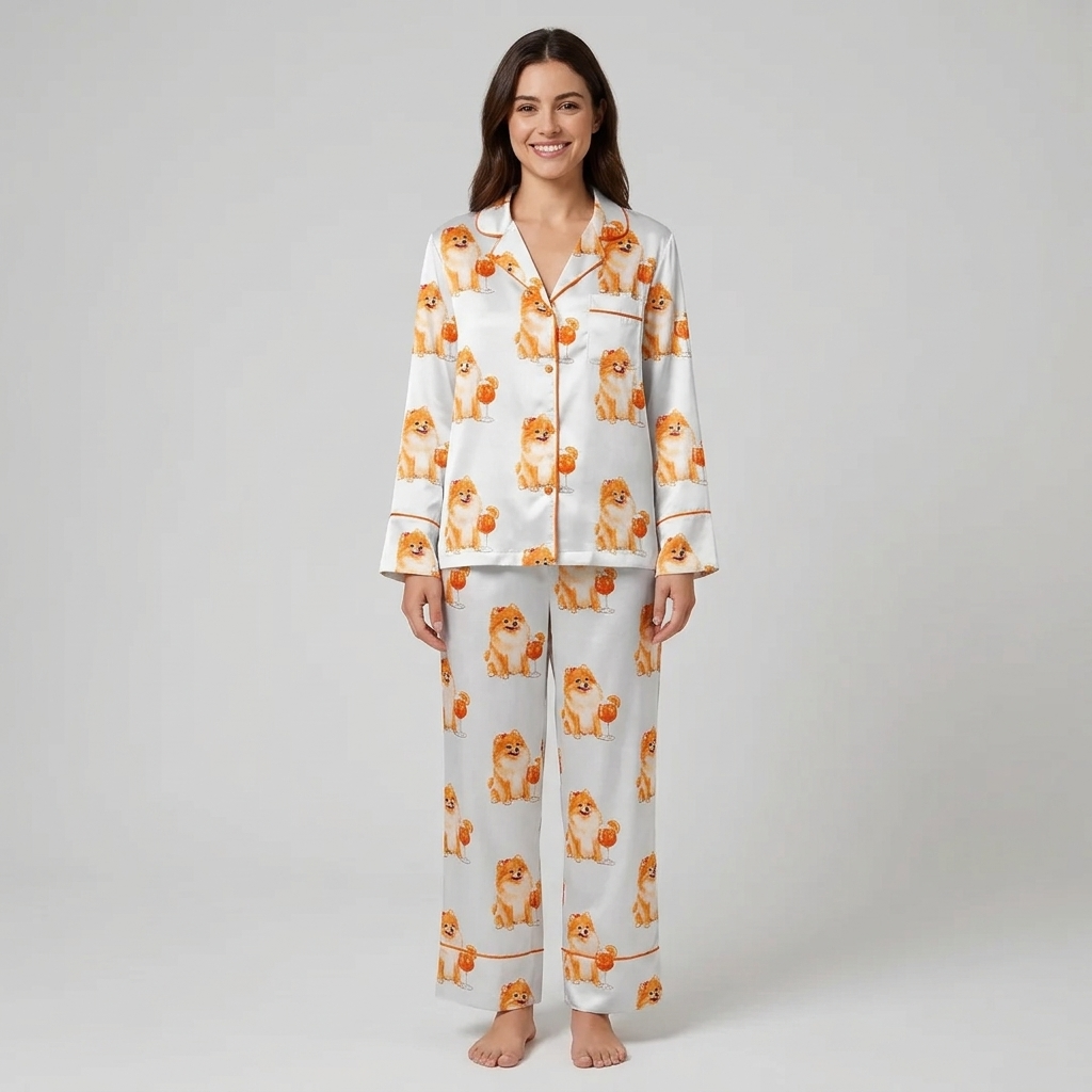 Women's satin pajama set with Pomeranians beside orange spritz cocktails on white with orange piping - long sleeve and pants