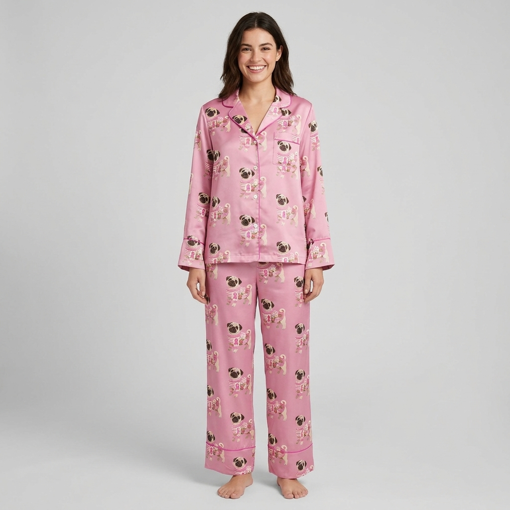Women's long-sleeve satin pajama set with round-eyed pugs in cozy pink knits on rosy pink - long sleeve and pants