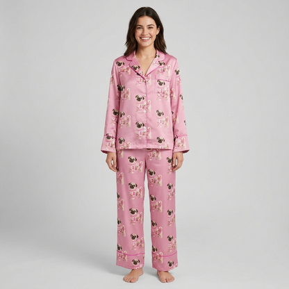 Women's long-sleeve satin pajama set with round-eyed pugs in cozy pink knits on rosy pink - long sleeve and pants