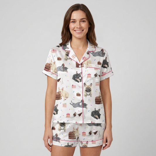 Women's satin pajama set with cream, fawn and charcoal French bulldogs with cake and strawberries on white - short sleeve and shorts