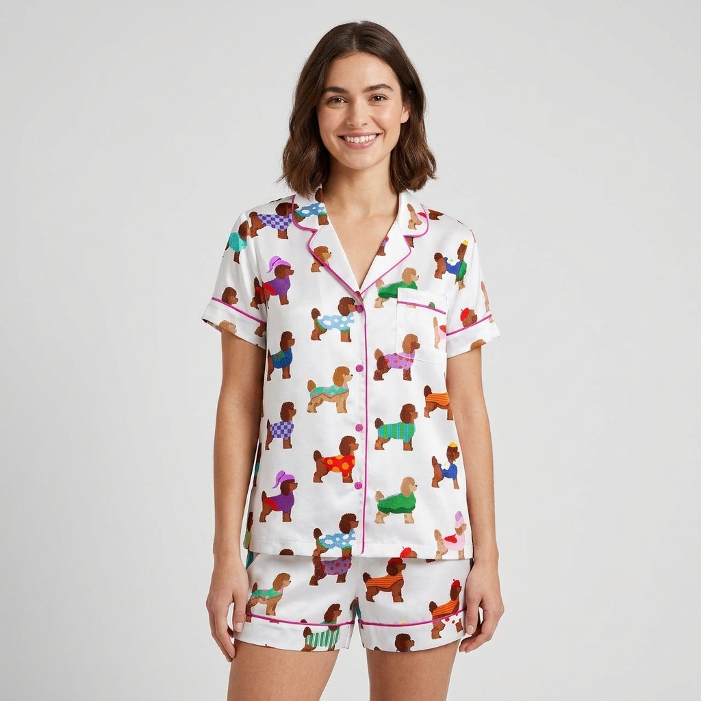Women's long-sleeve satin pajama set with brown poodles in bright knit sweaters on white - short sleeve and shorts