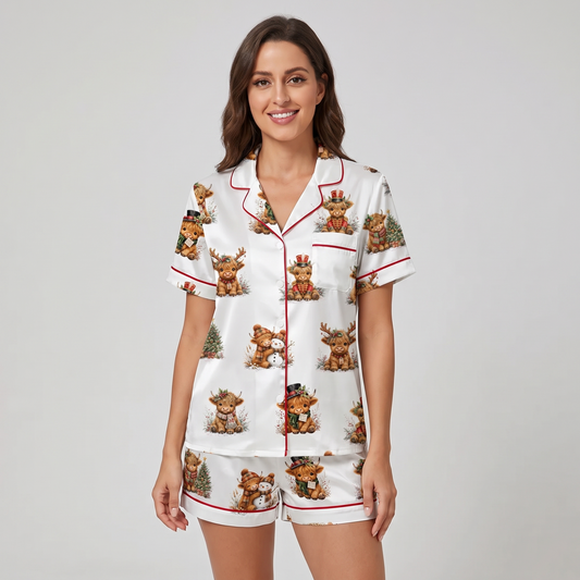 Highland Calf Christmas Women's Pajama Set - short sleeve and shorts