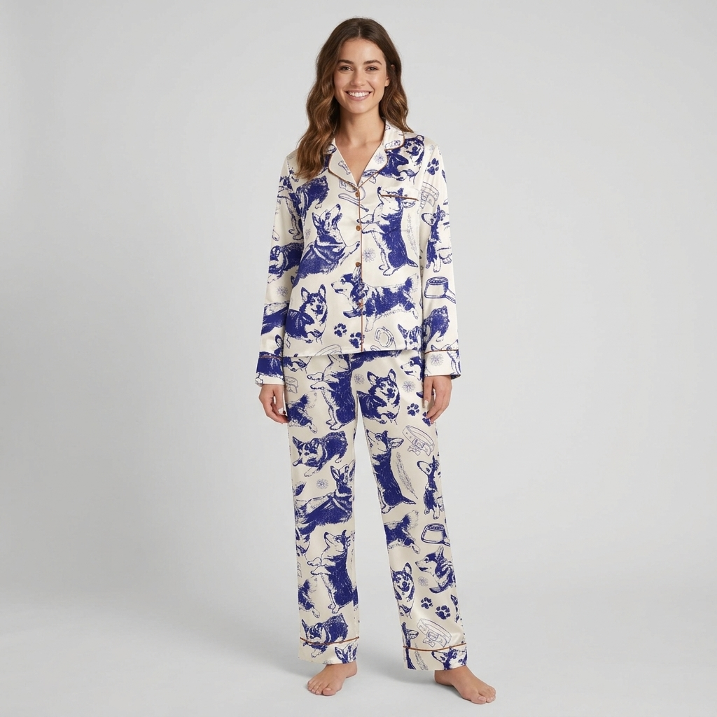 Women's satin pajama set with navy ink sketched corgis, paw prints, bowls and collars on white - long sleeve and pants