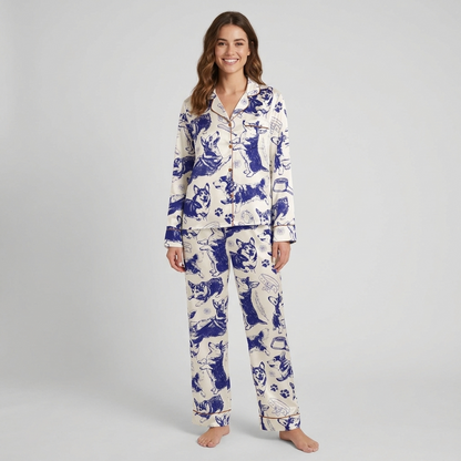 Women's satin pajama set with navy ink sketched corgis, paw prints, bowls and collars on white - long sleeve and pants