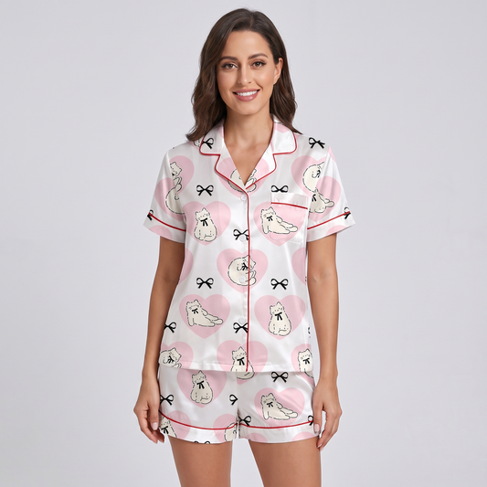 Heart Bow Kittens Women's Pajama Set - short sleeve and shorts