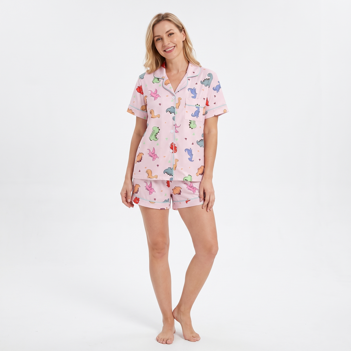 Dino Dreams Women's Pajama Set - Pink - short sleeve and shorts
