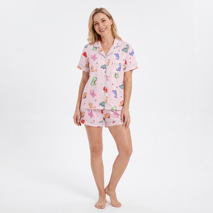 Dino Dreams Women's Pajama Set - Pink - short sleeve and shorts