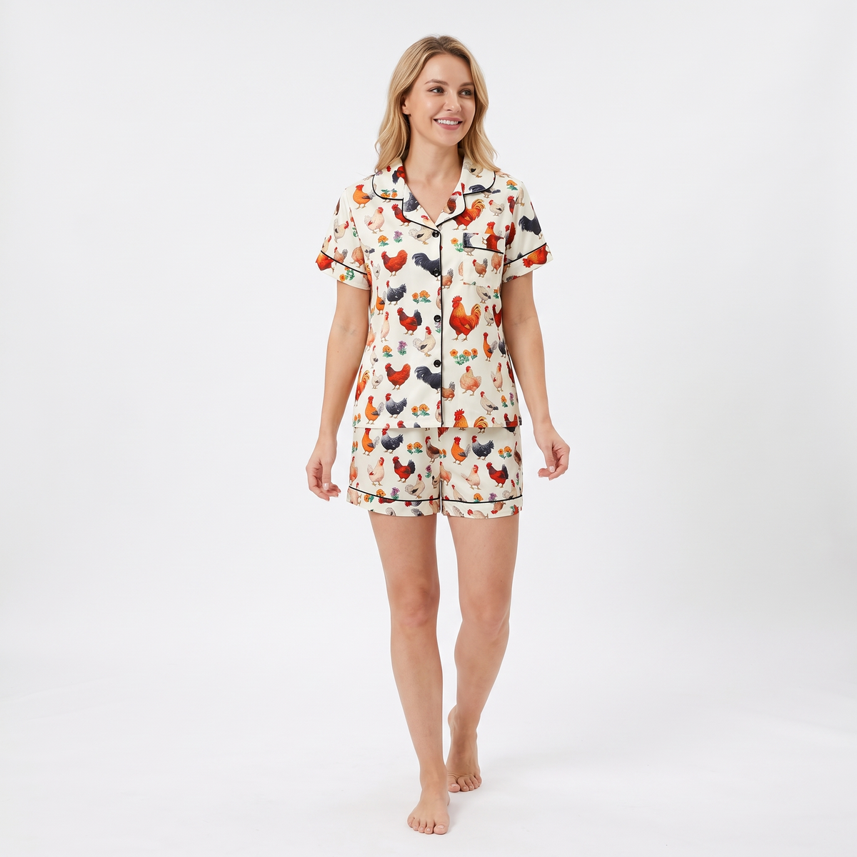 Hen House Women's Pajama Set - Garden Roosters - short sleeve and shorts