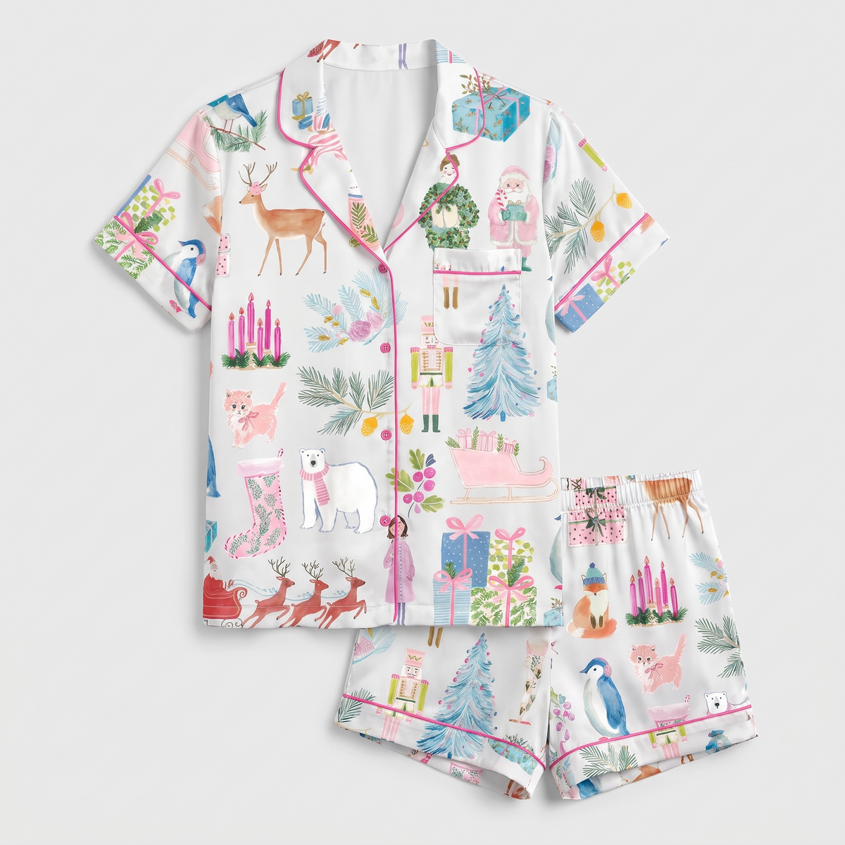 Watercolor Christmas Doodles Women's Pajama Set - flat lay