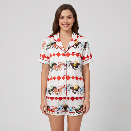 Red Diamond Racetrack Horses Women's Pajama Set - short sleeve and shorts