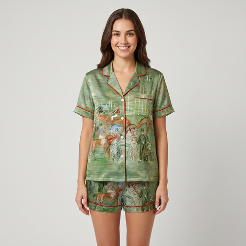 Sage Racecourse Impressionist Horses Women's Pajama Set - short sleeve and shorts
