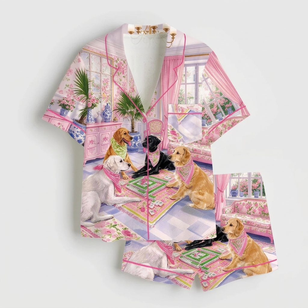 Women's satin pajama set with Labradors in bandanas playing mahjong in a pink chinoiserie parlor - flat lay