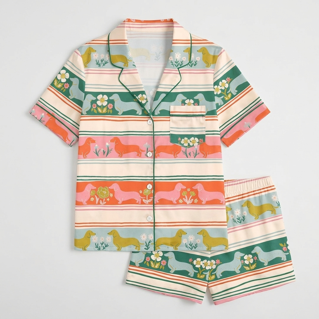 Women's satin pajama set with dachshunds in a Fair Isle style print of cream, orange, mint and pink - flat lay