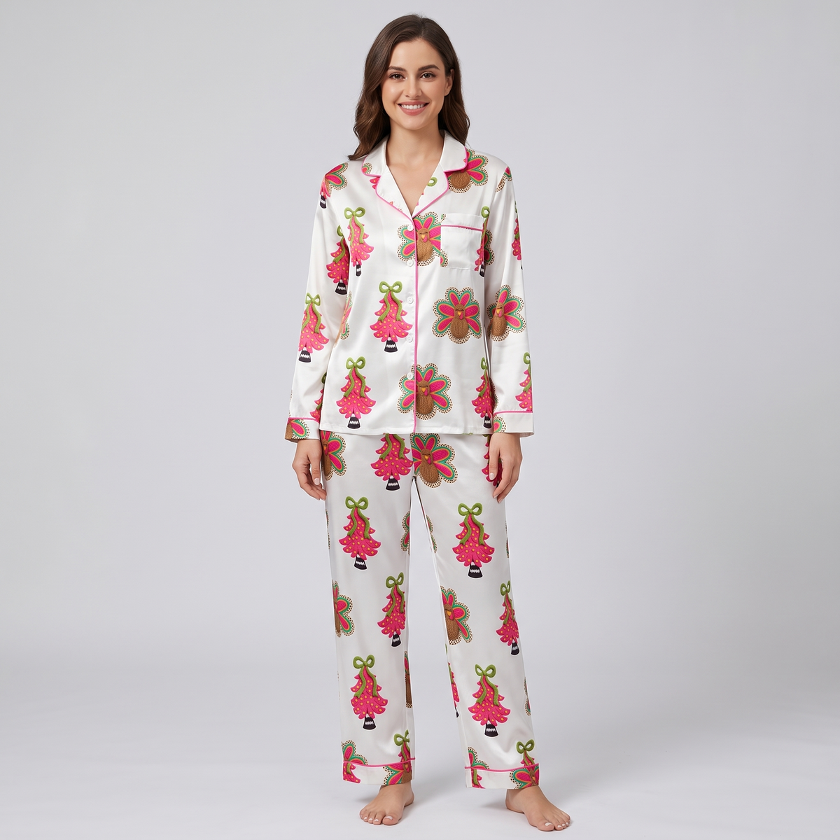 Hot Pink Christmas Trees Women's Pajama Set - long sleeve and pants