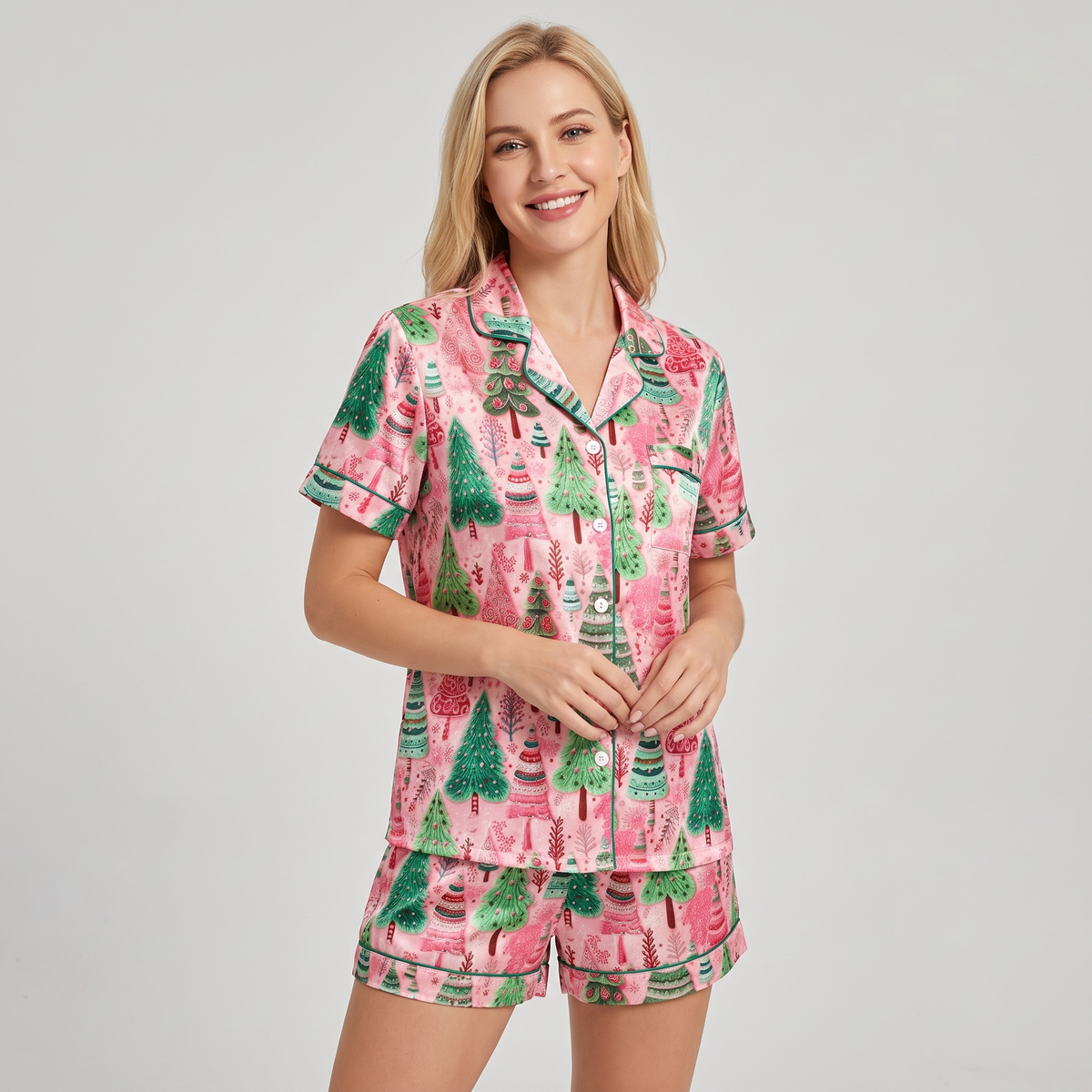 Pink & Green Christmas Forest Women's Pajama Set - short sleeve and shorts