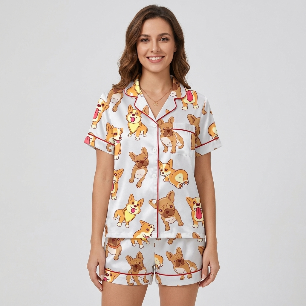 Women's satin pajama set with smiling corgis and fawn French bulldogs with tongues out on white - short sleeve and shorts