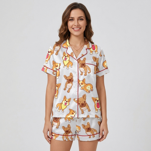 Women's satin pajama set with smiling corgis and fawn French bulldogs with tongues out on white - short sleeve and shorts