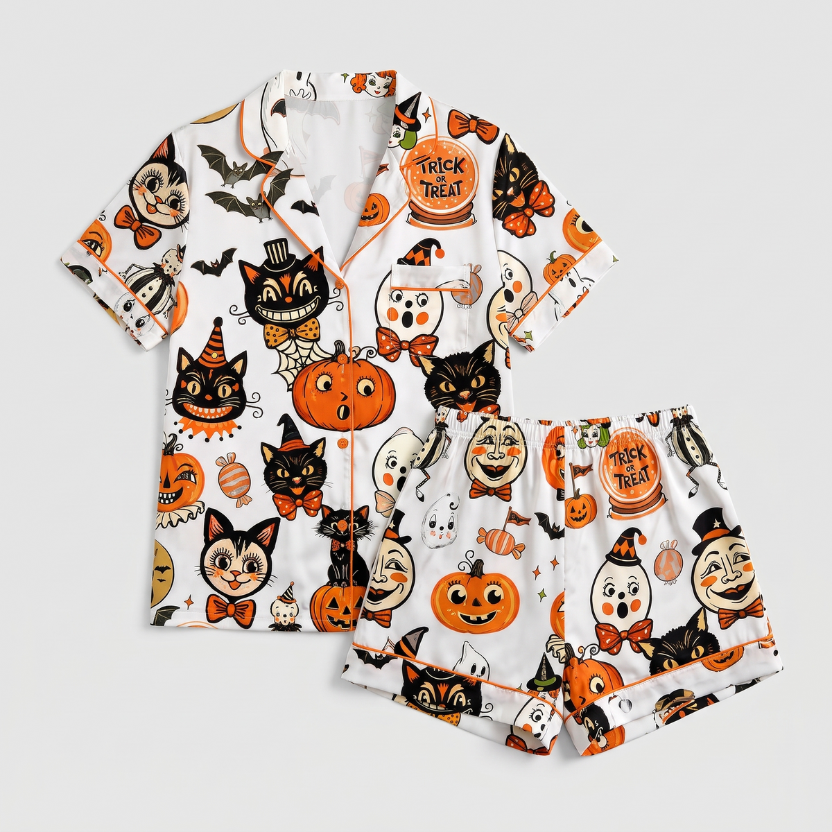 Retro Halloween Cats Women's Pajama Set - flat lay