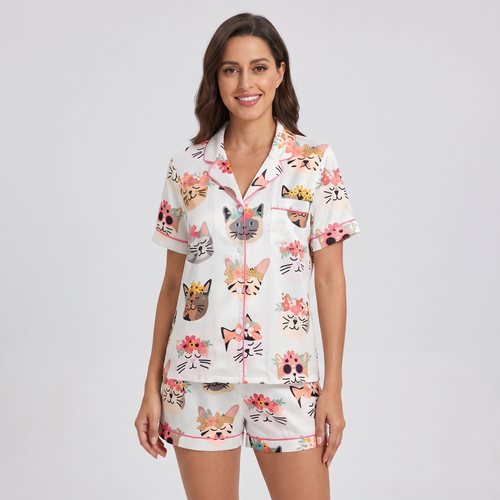 Flower Crown Cats Women's Pajama Set - short sleeve and shorts