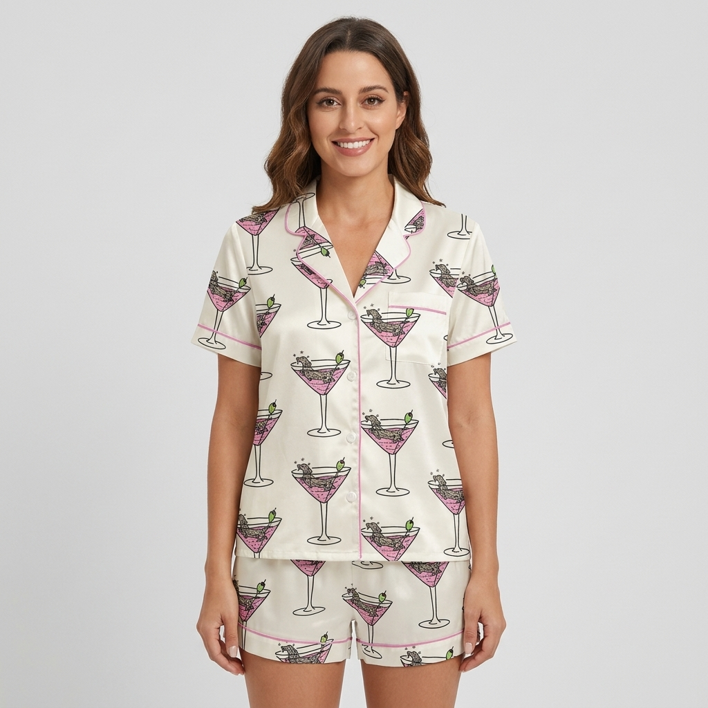 Women's satin pajama set with tiny dachshunds in pink martini glasses with olives on white - short sleeve and shorts