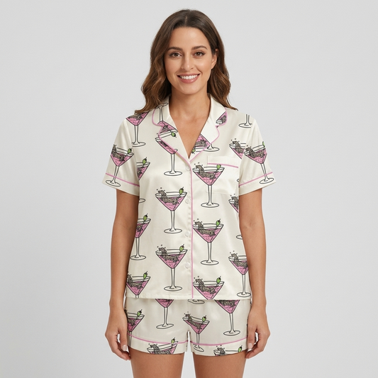 Women's satin pajama set with tiny dachshunds in pink martini glasses with olives on white - short sleeve and shorts
