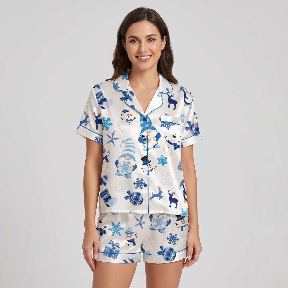 Cozy Blue Snowflakes Women's Pajama Set - short sleeve and shorts