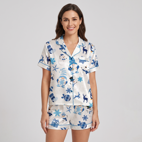 Cozy Blue Snowflakes Women's Pajama Set - short sleeve and shorts