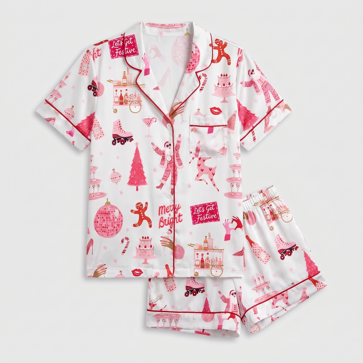Pink Disco Christmas Women's Pajama Set - flat lay