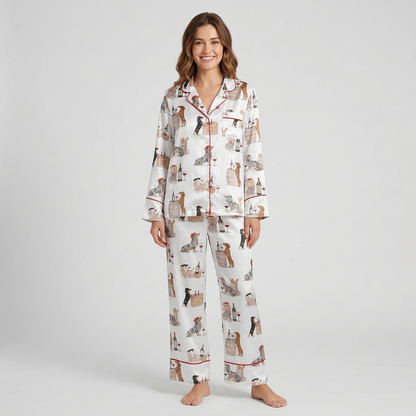 Women's satin pajama set with dachshunds on wine barrels beside bottles and cork-topped crates on white - long sleeve and pants
